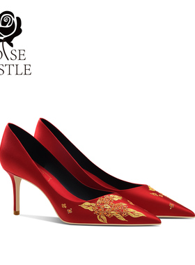 荣华富桂rose castle 新中式桂花刺绣婚鞋新娘鞋红色秀禾服高跟鞋