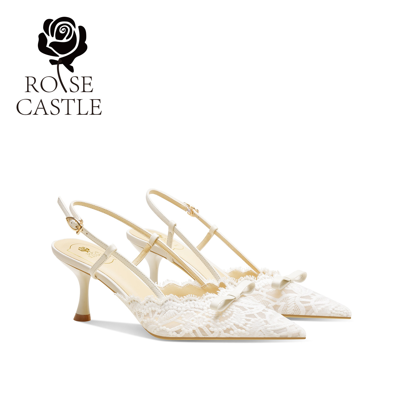 rosecastle 蕾丝蝴蝶结婚鞋女酒杯跟不累脚新娘主婚纱敬酒