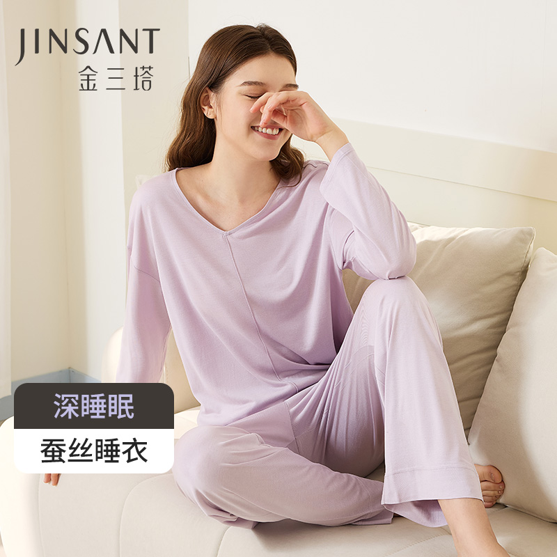 【深睡眠蚕丝睡衣】真丝睡衣女秋冬金三塔男针织舒适情侣家居服