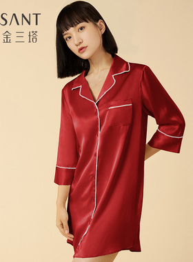 金三塔真丝睡裙女100%桑蚕丝衬衫式性感可外穿红色结婚本命年睡衣