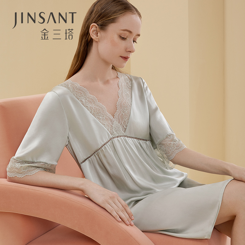 金三塔真丝睡裙女春夏蕾丝短袖100%桑蚕丝性感可外穿睡衣家居服