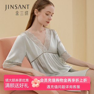 100%桑蚕丝性感可外穿睡衣家居服 金三塔真丝睡裙女夏天蕾丝短袖