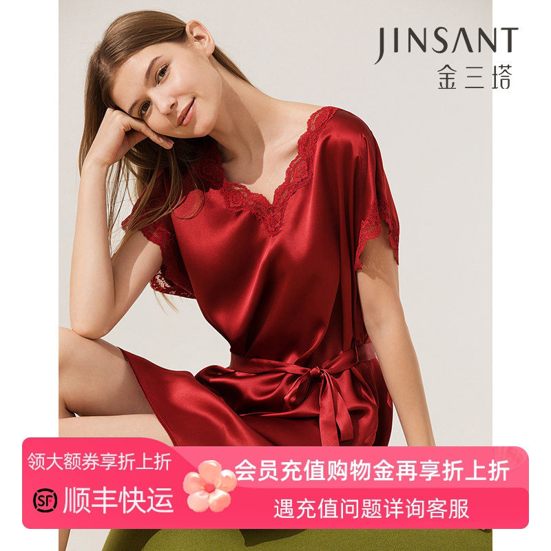 金三塔真丝睡裙女夏季凉感100%桑蚕丝红色蕾丝宽松不挑人舒适睡衣