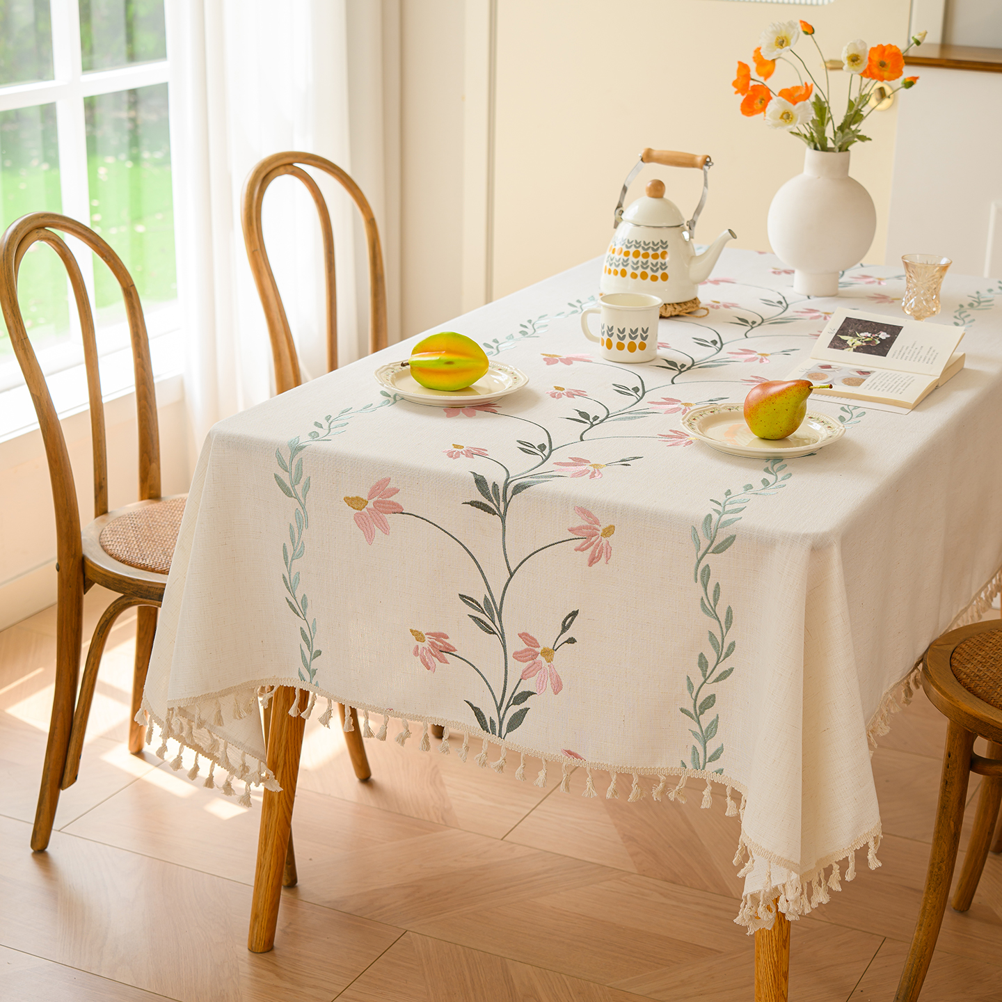 小清新现代简约家用亚麻棉麻刺绣流苏桌布西餐厅高级感碎花餐桌布