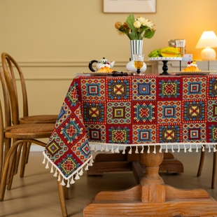 棉麻桌布法式复古餐桌布红色喜庆氛围感茶几布高级感台布盖布家用