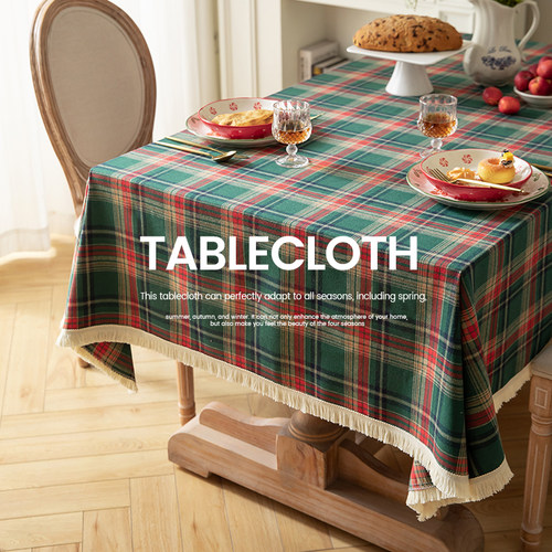 美式格子圣诞节日拍照氛围感复古棉麻桌布餐桌布长方形茶几布台布