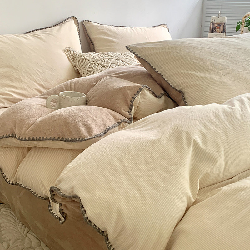 冬季ab面纯棉牛奶绒床上四件套简约全棉珊瑚绒被套法兰绒加绒床单