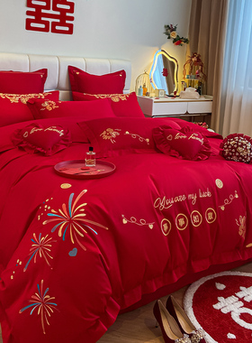 全棉婚庆床上四件套结婚纯棉100床单被套大红色婚房陪嫁床品六十4