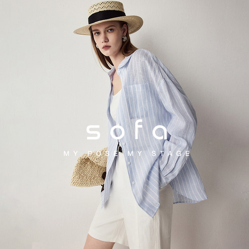 sofa宽松100亚麻条纹衬衫防晒