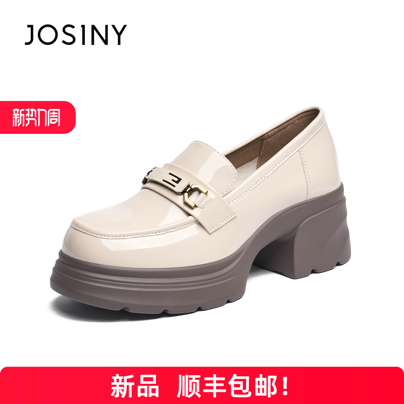卓诗尼2025年夏季新款厚底粗跟乐福鞋女英伦风黑色高跟单鞋