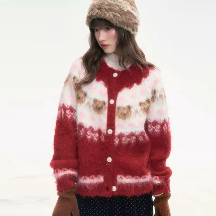 诺诺小众新韩系简约圣诞氛围感爱心小熊提花软糯保暖毛衣H8080