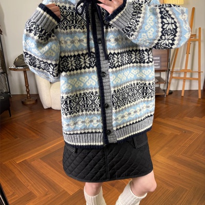 诺诺小众尔岛毛衣木质牛角扣针织毛衣提花开衫保暖毛衣YL33298