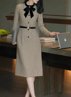 诺诺设计店奢赫本风高品质连衣裙(配腰带,领结)（含50羊毛）A9464