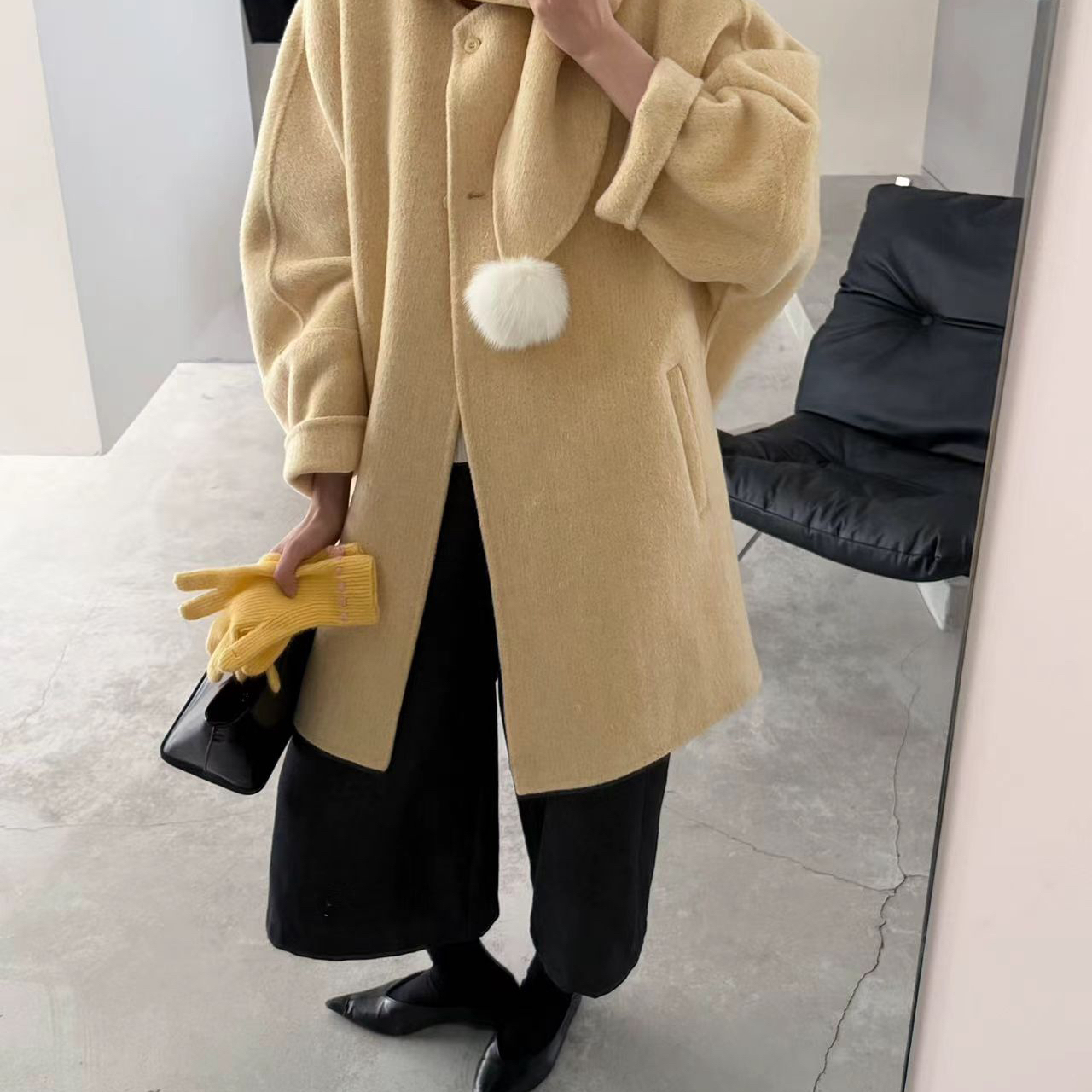 诺诺毛呢外套羊毛外套配狐狸毛球球含10羊驼毛YP611