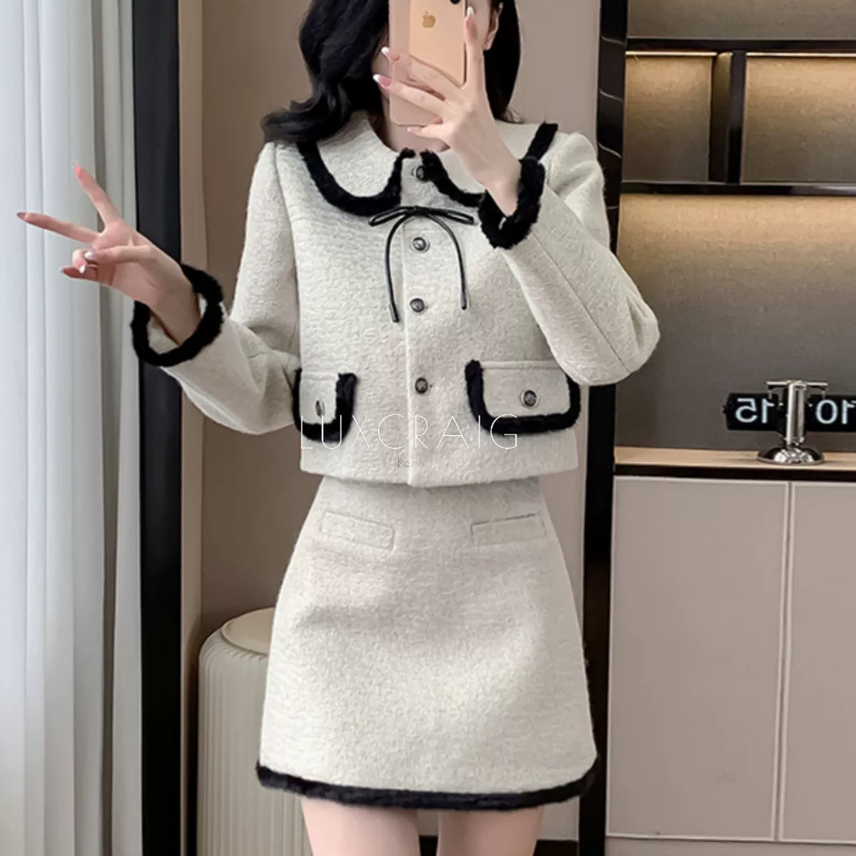 诺诺家单排扣短外套+修身显瘦A字半身裙套装含30羊毛YS8-Js4
