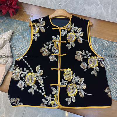 诺诺设计极简大牌老钱新中式真丝丝绒重工钉珠绣花马甲YS2-t113