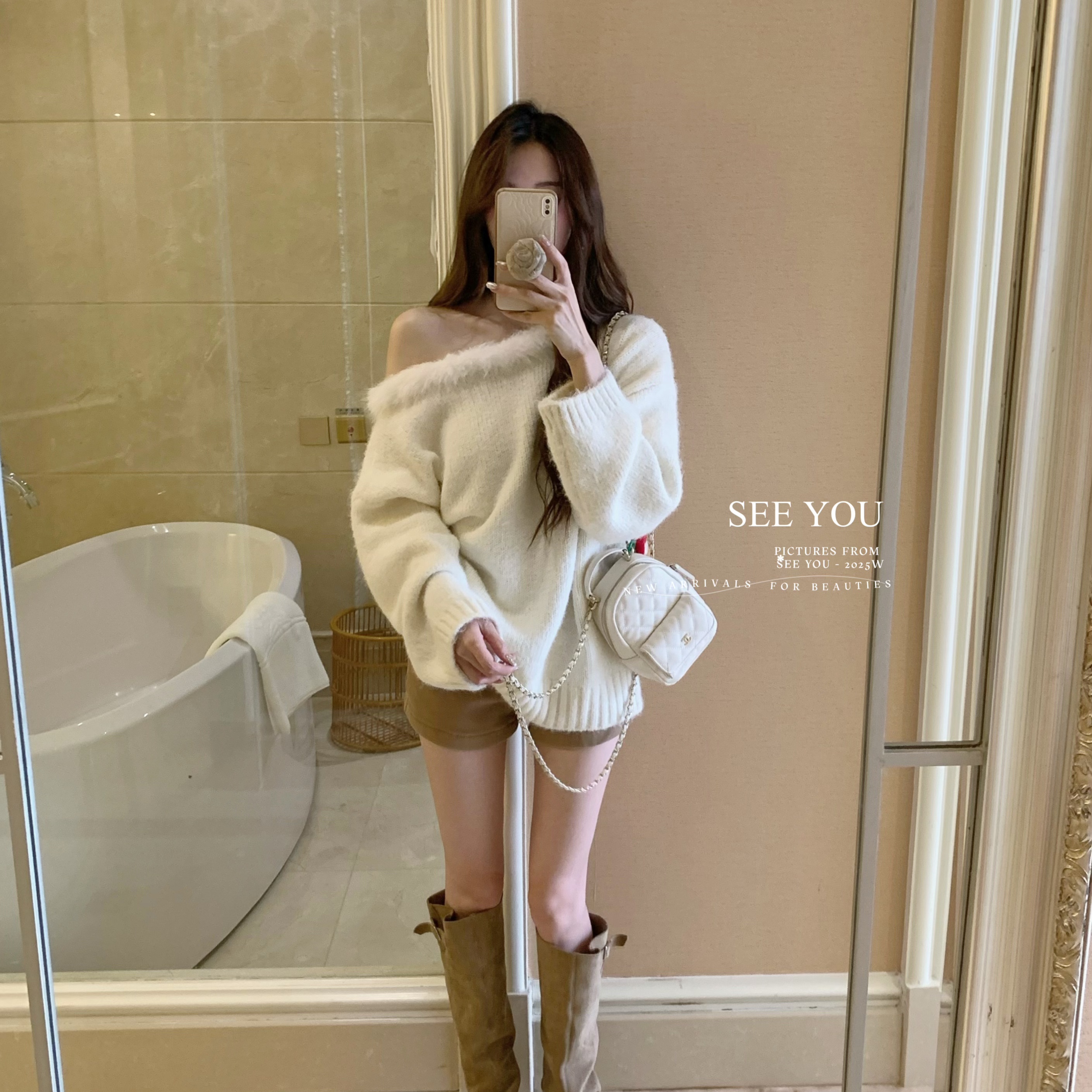 诺诺设计色极简羊毛一字肩毛毛领宽松加厚软乎乎针织保暖毛衣1028