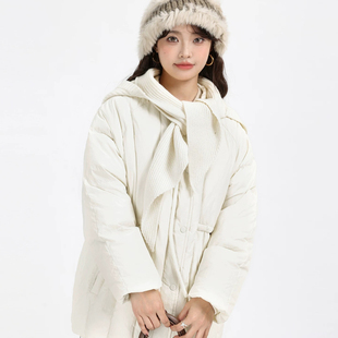 诺诺竖条带针织帽围巾中长款保暖羽绒服外套(配可拆卸帽子)26166