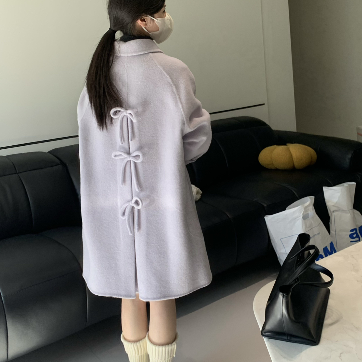 诺诺蝴蝶结设计中长款大衣羊毛外套(含89.9澳毛)(10.1羊绒)S6028