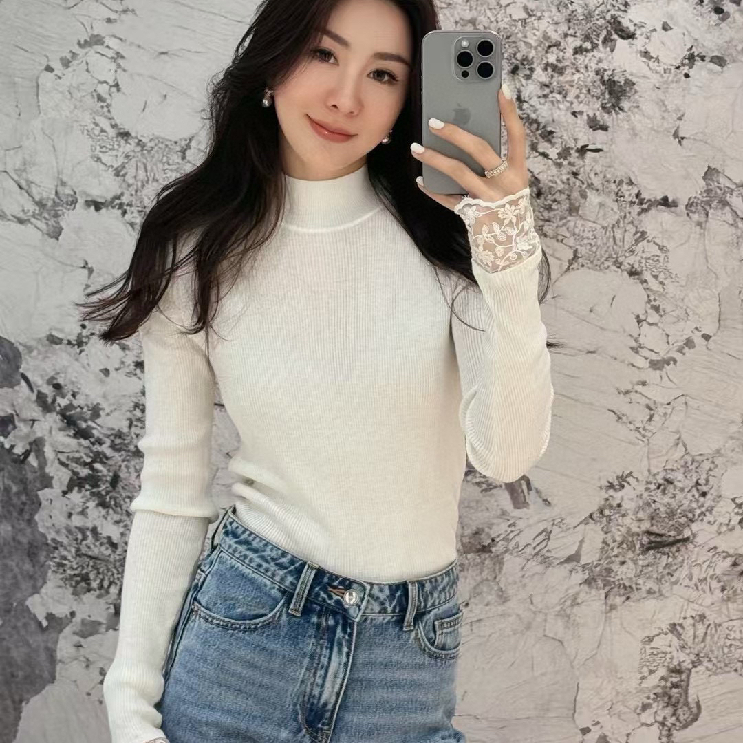 诺诺双肩袖口蕾丝拼接性感洋气修身针织衫含30羊毛C