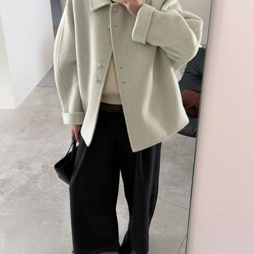 诺诺冬上新设计感简约单排扣翻领宽松羊毛外套（含10羊驼毛）B795