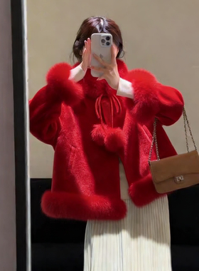 诺诺设计拆真狐狸毛领)（含100羊毛）(正红色新年高级氛围感)JS11