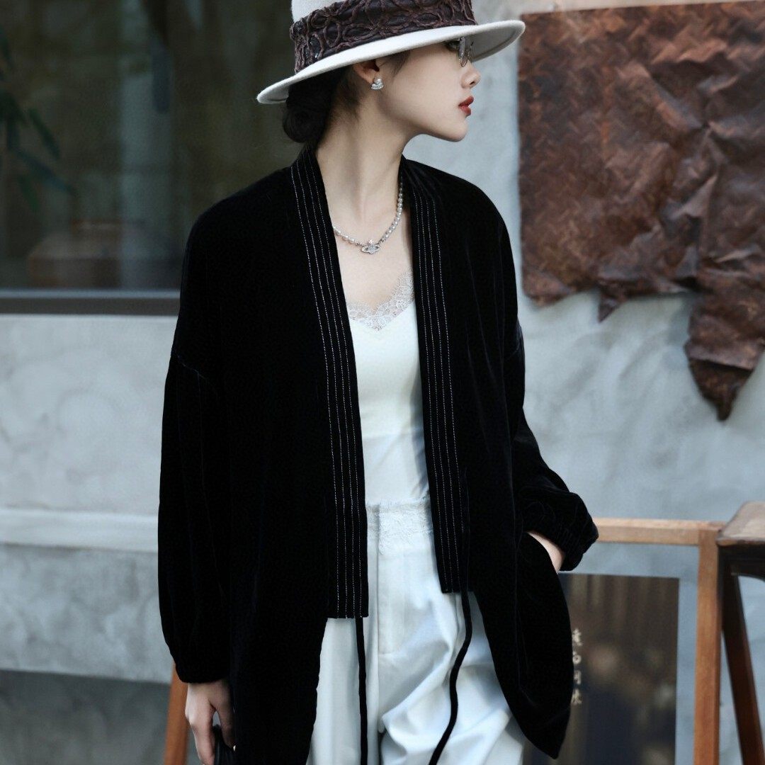 诺诺店风系带浴袍真丝丝绒黑色外套时髦有内涵短外套YS125-G336,女装/女士精品,时尚套装,淘宝优惠券,粉丝福利购,淘宝优惠卷