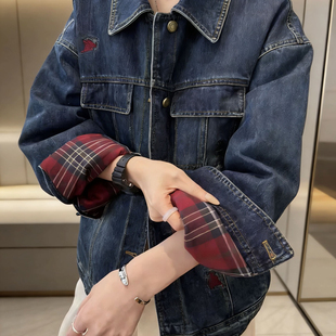 2908 拼格子刺绣牛仔保暖羽绒服外套YZS 诺诺新款 欧货休闲翻领长袖