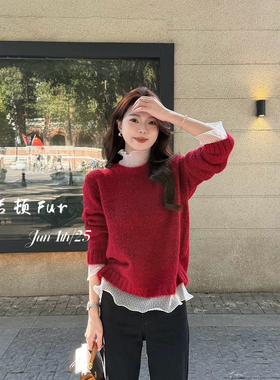 诺诺26年早春韩系蕾丝拼接设计感半高领针织衫Z-124XY289