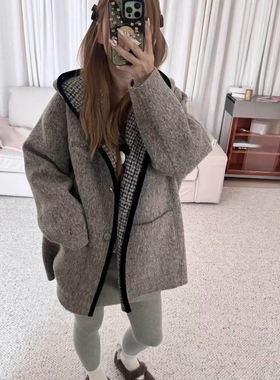 诺诺小众设计字母刺绣时髦双面可穿羊毛大衣(含77羊毛)15182