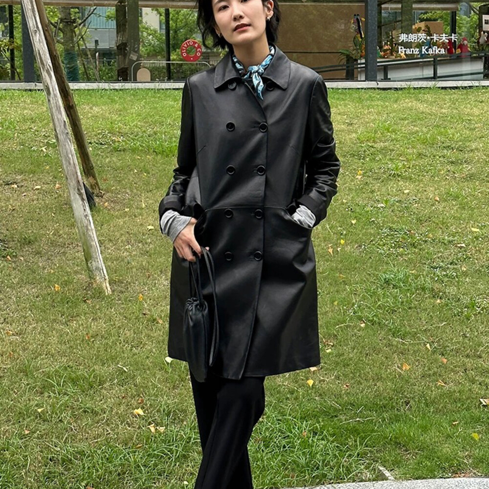 诺诺新黑色绵羊皮中长款真皮外套女设计感英伦风皮衣皮衣AK115