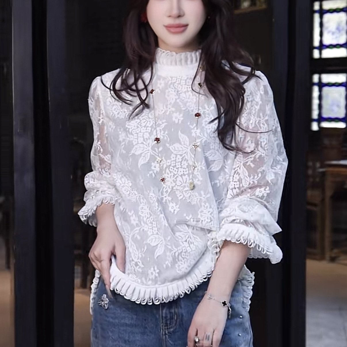 诺诺小众设计上新法式浪漫定制立领镂空蕾丝喇叭袖花边小衫2663,女装/女士精品,毛针织衫,淘宝优惠券,粉丝福利购,淘宝优惠卷