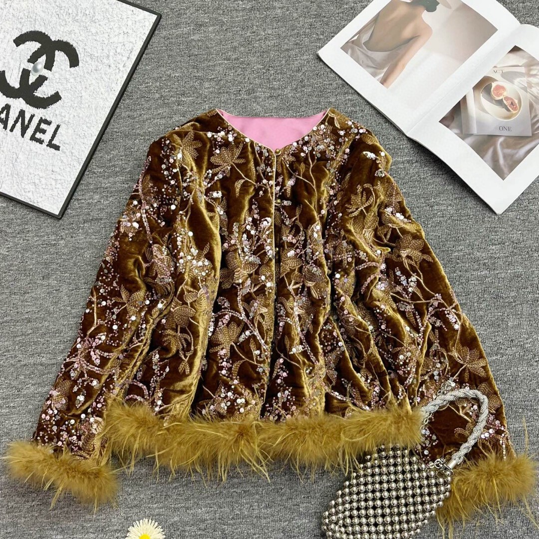 锦秀谷-冬上新桑蚕丝丝绒绣花鸵鸟毛棉服YS145-G3111