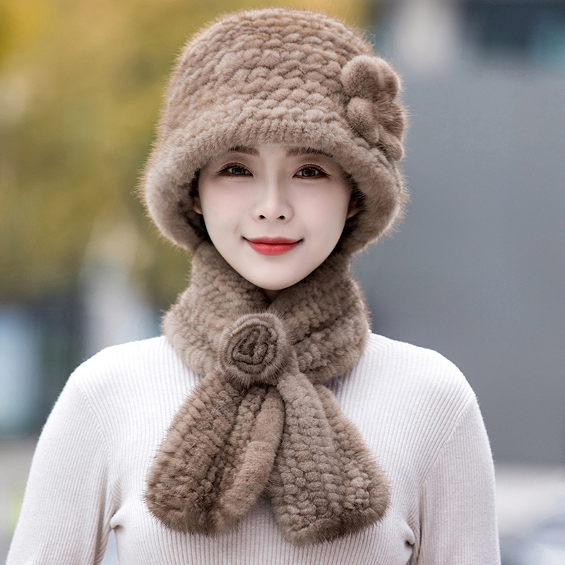 水貂毛帽子女冬新款编织保暖中老年百搭皮草帽子冬天老太太渔夫帽