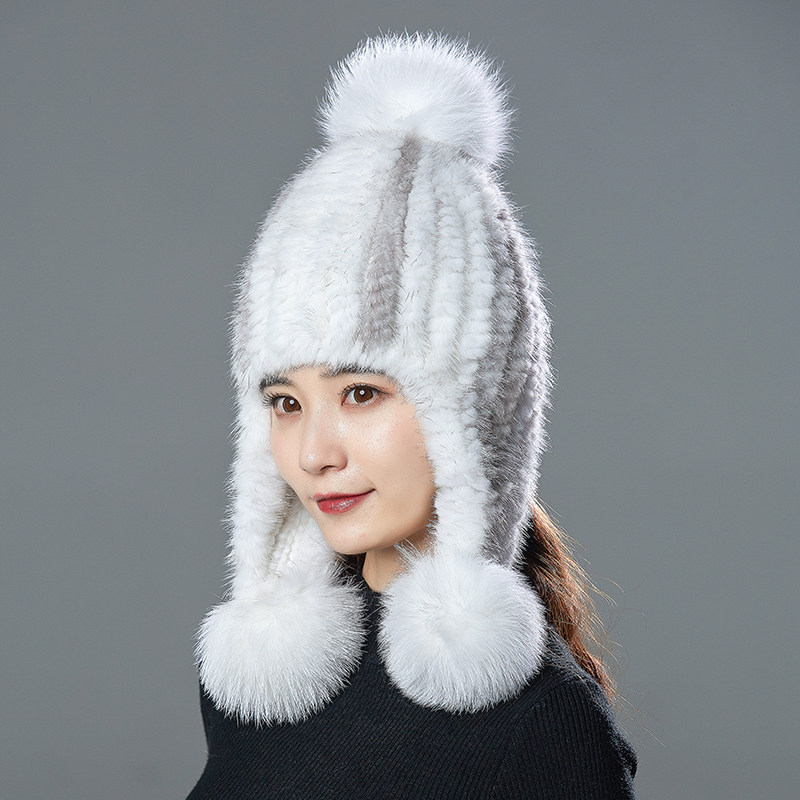 皮草帽子新款女冬天水貂毛编织护耳帽可爱狐狸毛球户外保暖帽子潮