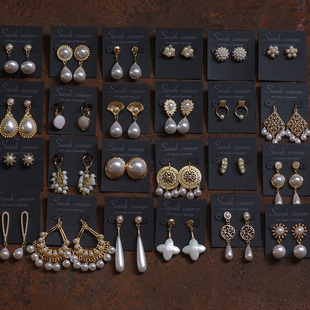 欧美赫本设计师简约百搭淑女气质感珍珠水晶VINTAGE耳夹耳环耳钉1