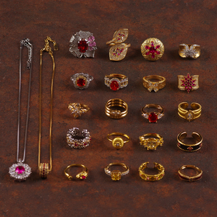 K红色玻璃水晶夸张几何造型叠戴法式宫廷港风女秀场质感戒指环