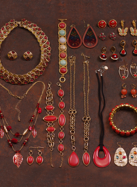 J85欧美红色复古夸张项链蝴蝶女摄影度假拍照模特耳环夹钉手镯链