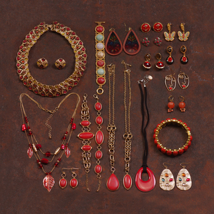 J85欧美红色复古夸张项链蝴蝶女摄影度假拍照模特耳环夹钉手镯链