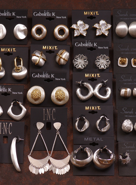 J0镀金银拉丝女淑女气质夸张度假风设计师镂空夸张撞色耳环夹钉饰