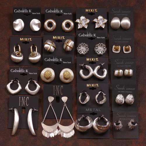 镀银金拉丝撞色夸张耳环夹钉饰女