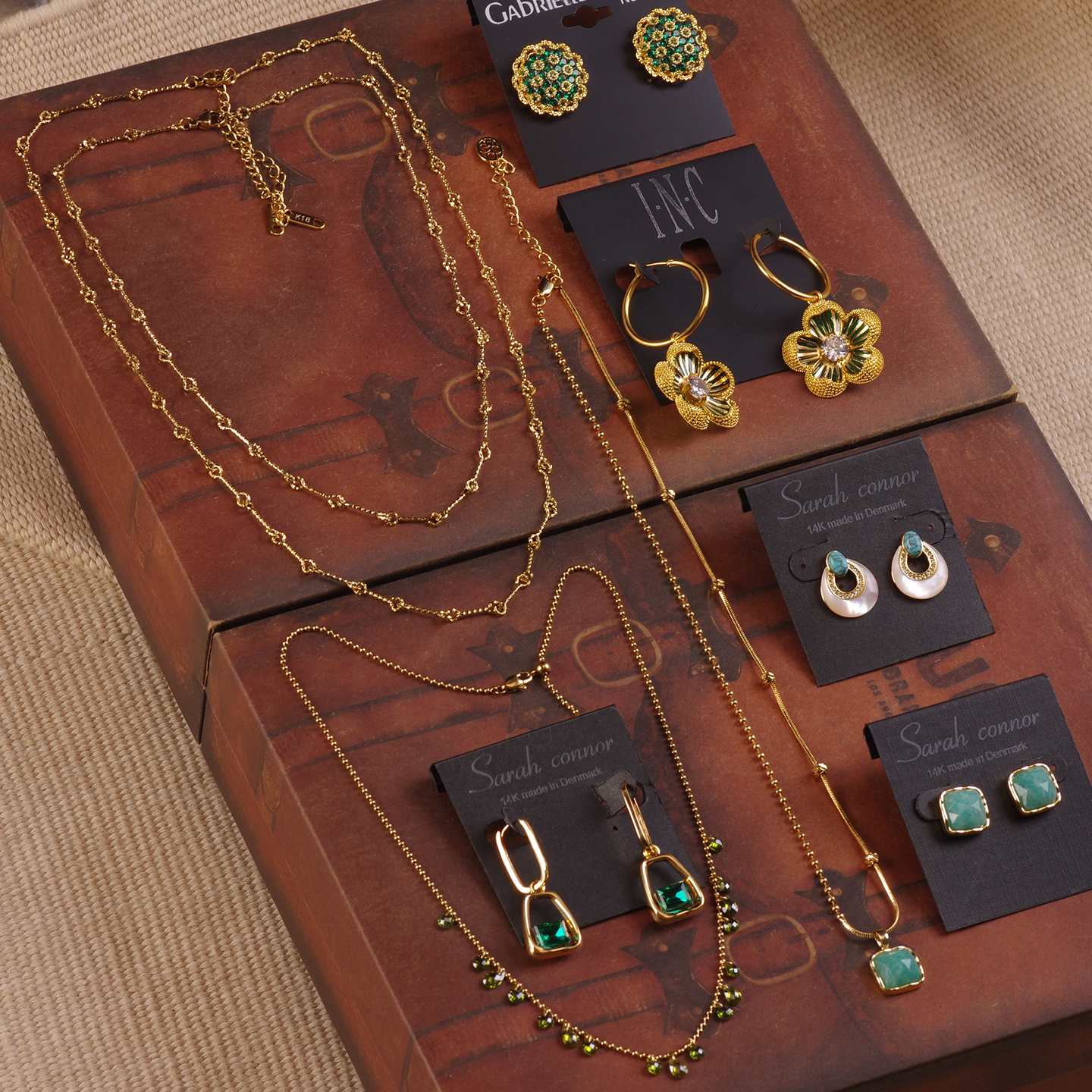 68蓝绿色玻璃水晶天然母贝壳钛钢叠戴金属锁扣可调节项链耳钉饰女