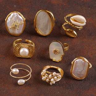 B天然淡水异形珍珠母贝壳手工多层质感造型港风欧美日韩戒指环