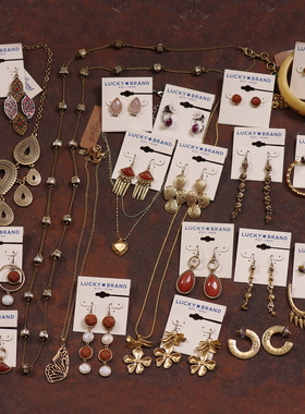 X2红色复古LK出口瑕疵品长款毛衣链石头图腾处理项链耳环夹钉女