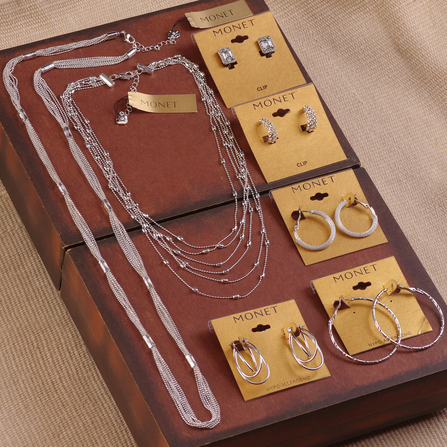 莫奈MONET多层银色项链耳环夹女