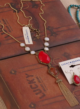 夸张复古红色贝壳长毛衣项链耳环