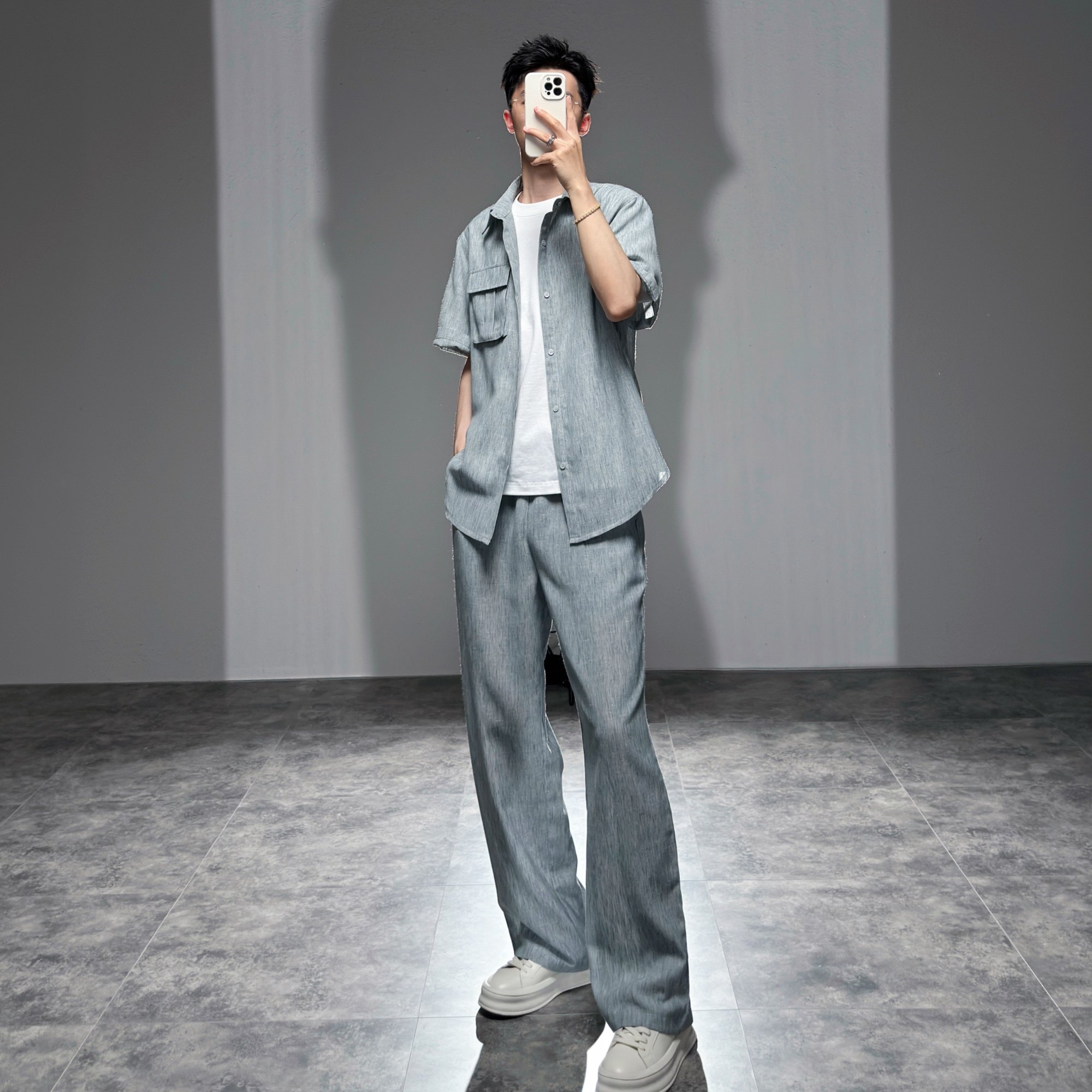 莱德的搭配 夏季轻薄透气五分袖衬衫套装男宽松休闲薄款两件套潮,男装,时尚套装,淘宝优惠券,粉丝福利购,淘宝优惠卷