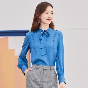 歌蒂诗秋专柜优雅气质桑蚕丝蝴蝶结系带长袖 女8C11A1822 轻薄衬衫
