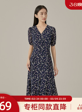 歌蒂诗夏季专柜新款简约知性深蓝色碎花V领连衣裙 3E26L2929