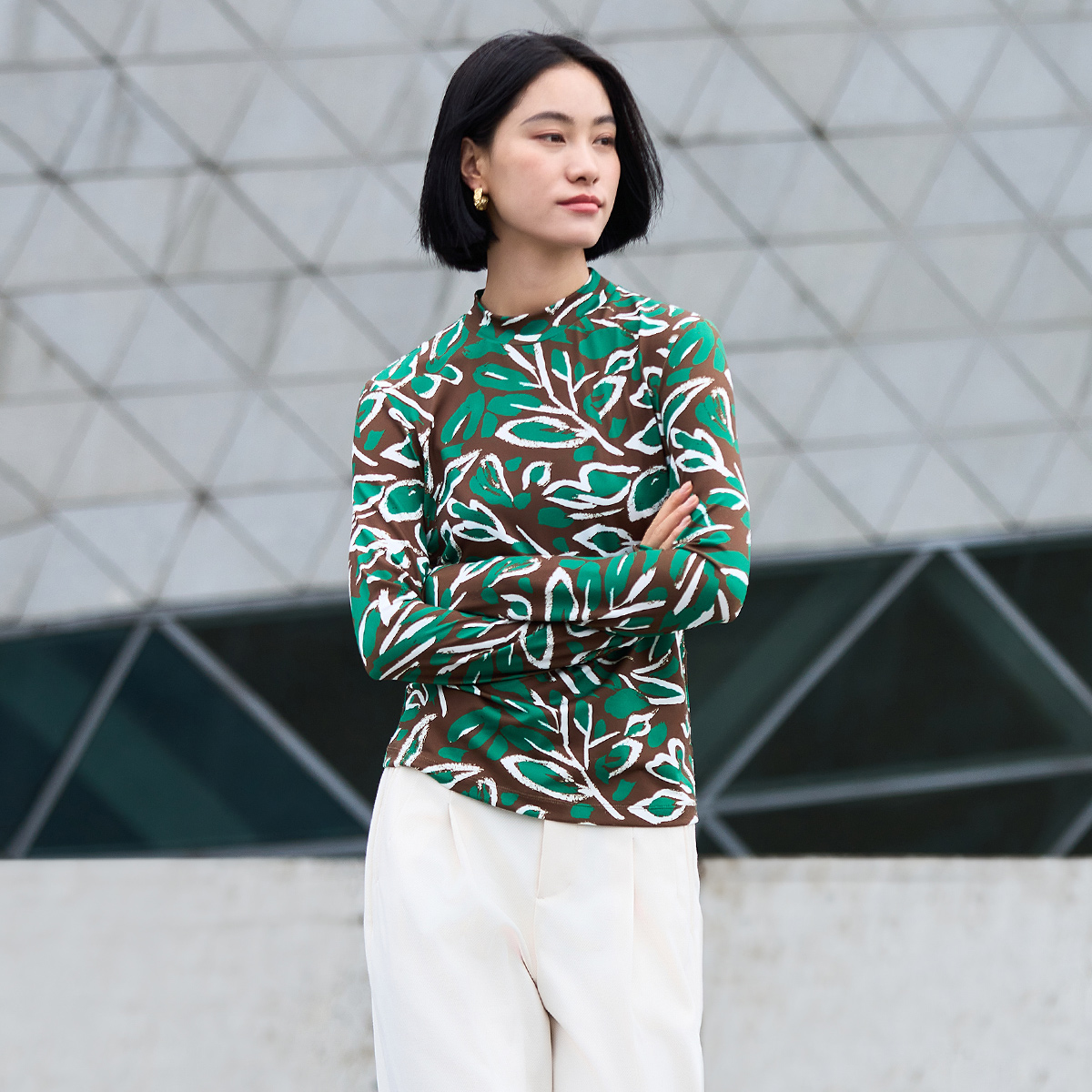 歌蒂诗修身印花长袖小衫